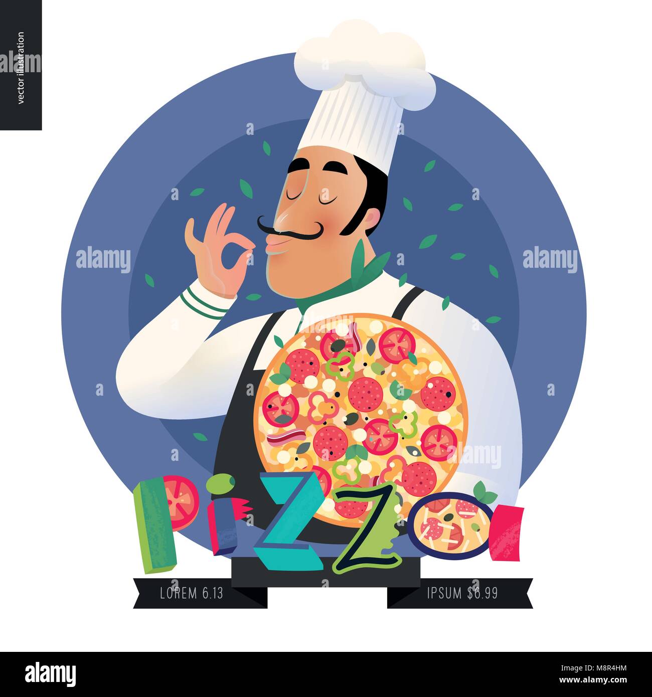 Il ristorante italiano set - ristorante italiano logo con un cuoco che  gustano la pizza odore e il lettering Pizza, personaggio dei cartoni  animati Immagine e Vettoriale - Alamy