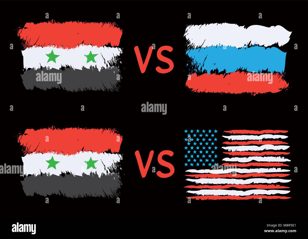 Conflitto tra la Siria Russia USA. Rettangolari bandiere disegnate sul nero scuro dello sfondo. Illustrazione di guerra Illustrazione Vettoriale