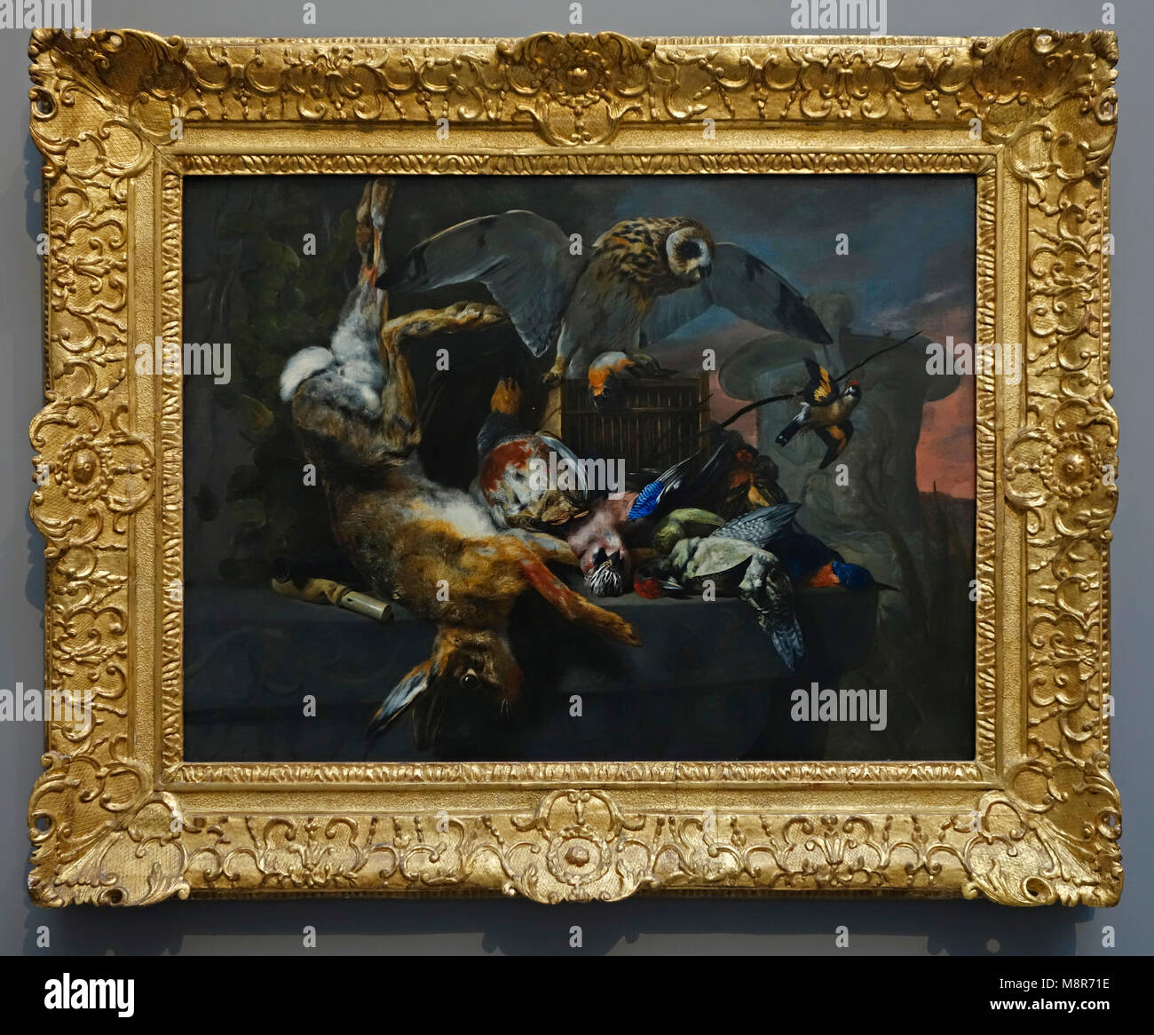 Ancora in vita con un gufo ed un trofeo di caccia, pittura ad olio su tela del XVII secolo dal pittore fiammingo Pieter Boel / Peeter Boel della scuola di Anversa Foto Stock