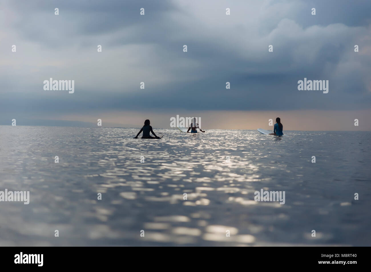 Vista posteriore di amici di sesso femminile il surf in mare contro il cielo nuvoloso Foto Stock