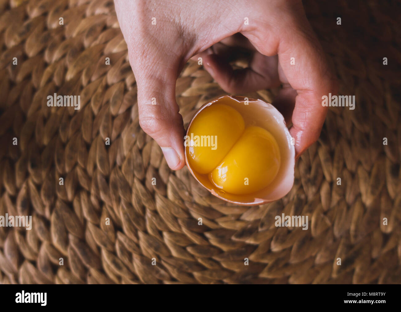 Fare doppio tuorlo d'uovo, doppio tuorlo d'uovo, in mano. Foto Stock
