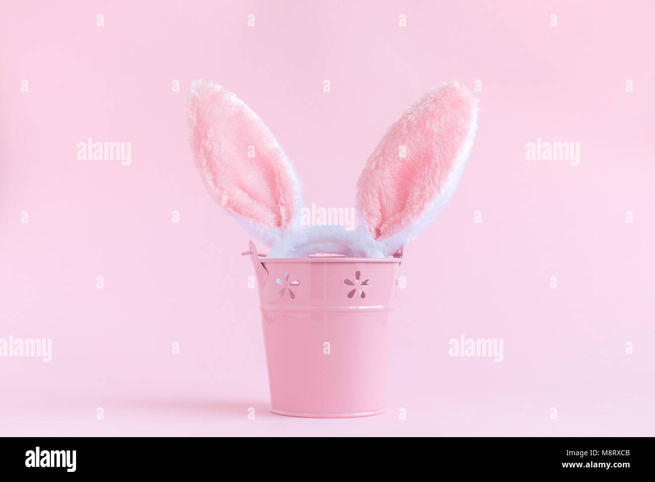 Orecchie di coniglietto e benna sulla rosa pastello sullo sfondo la minima nozione. Foto Stock