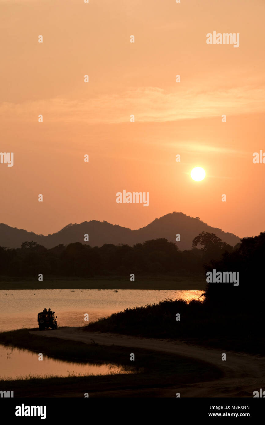 Minneriya National Park in Sri Lanka con un gruppo di turisti in una jeep 4 x 4 accanto a un lago guardando il caldo tramonto di sera. Foto Stock