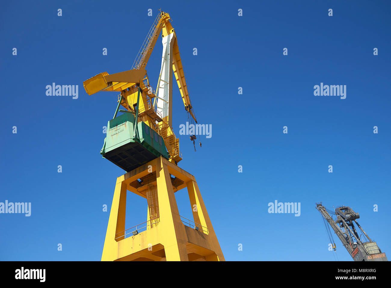 Basso angolo di vista di gru contro il cielo blu chiaro Foto Stock
