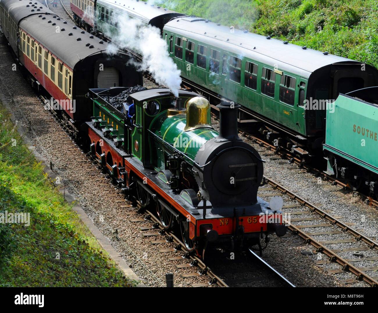 Sud Orientale e Chatham Railway (SE&CR) O1 classe 0-6-0 locomotiva a vapore n. 65, costruito nel 1896, sulla ferrovia Bluebell, West Sussex, Regno Unito. Foto Stock