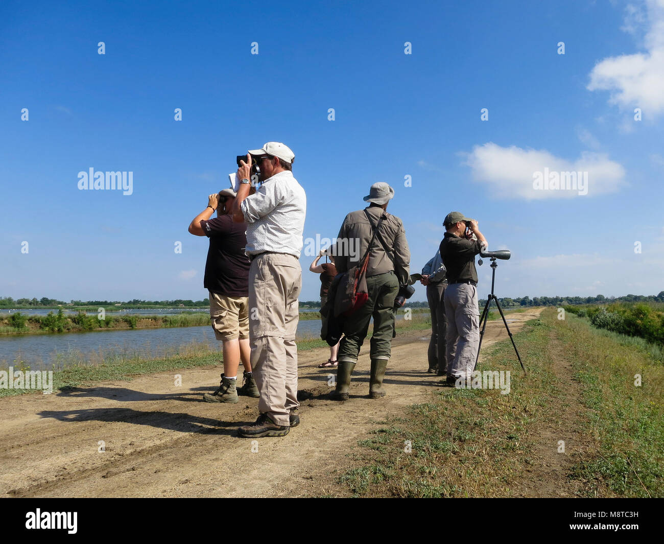 Groep vogelaars incontrato verrekijkers en stethoscoop; Gruppo di birdwatching con il binocolo e stetoscopio Foto Stock