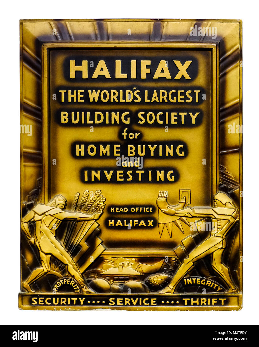 Art Deco / pubblicità promozionale di placca a muro per l'Halifax Building Society (ora parte di Lloyds Banking Group). Foto Stock