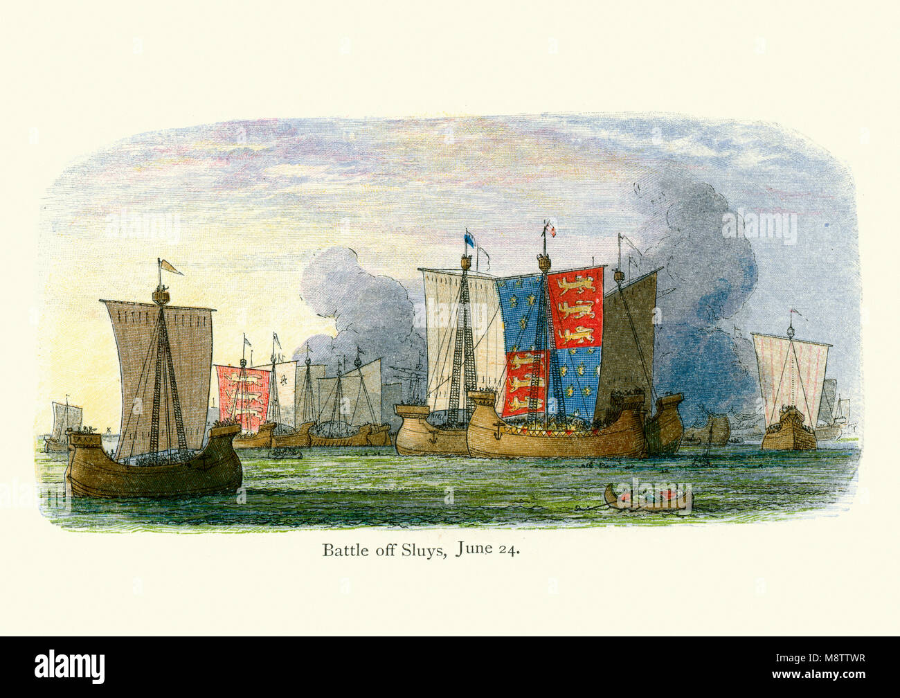 La decisiva vittoria inglese alla battaglia navale di Sluys il 24 giugno 1340. Chiamato anche Battaglia di l'Ecluse è stato uno dei conflitti di apertura di Foto Stock