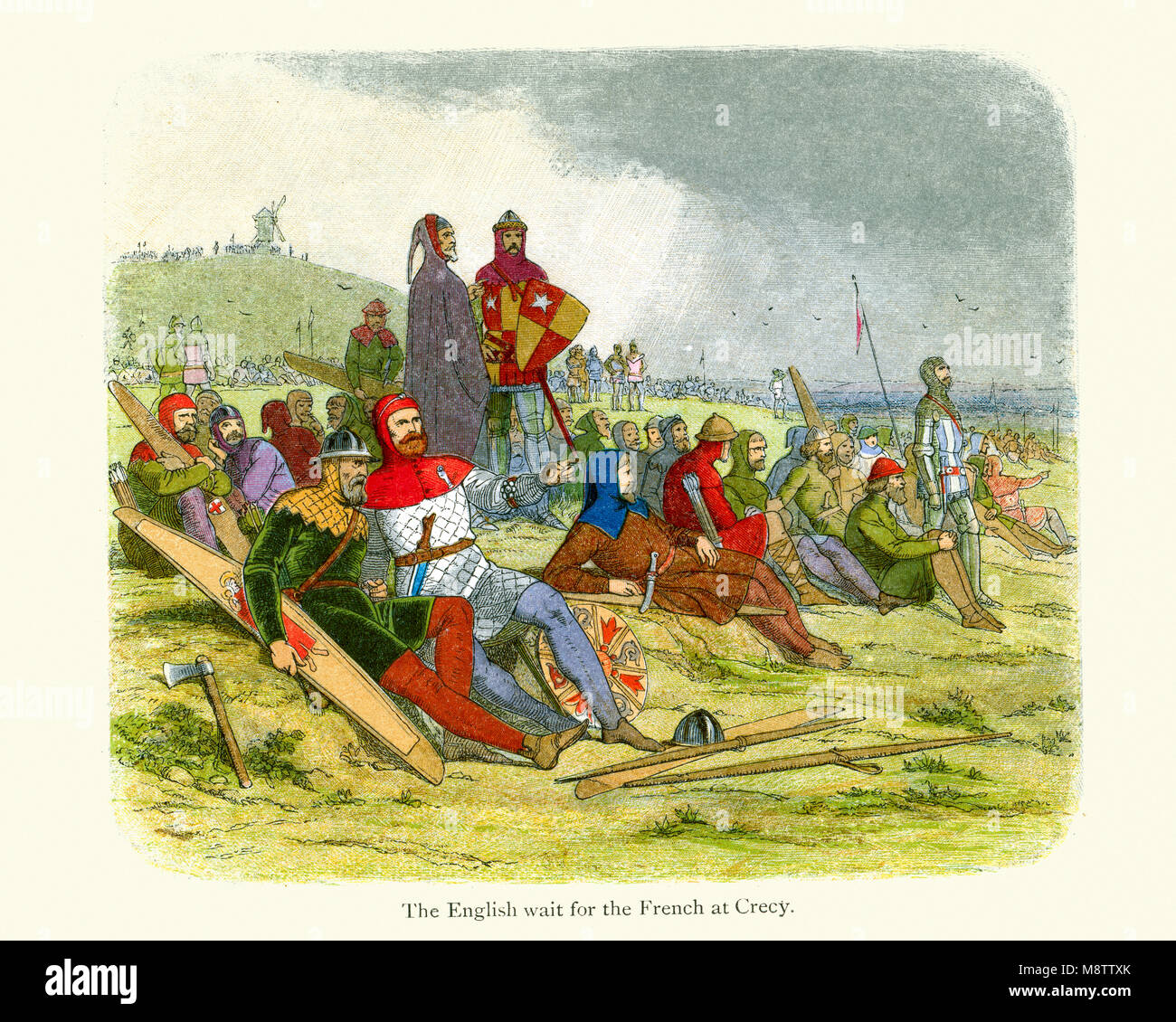 Vintage Litografia a colori da 1864 mostra soldati inglesi di attendere per il francese a Crecy. La battaglia di Crecy ha avuto luogo il 26 agosto 1346 vicino Crécy Foto Stock