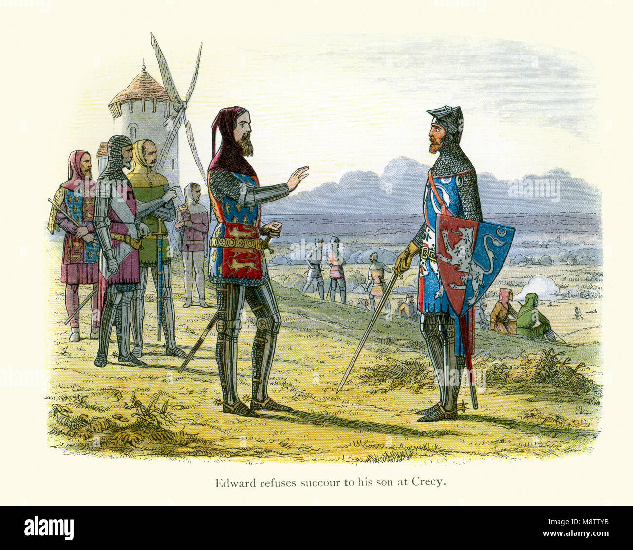 Il re Edoardo III si rifiuta di aiutare il suo figlio il Principe Nero alla battaglia di Crecy nel 1346. Edward III il sedicenne figlio, il Principe Nero, è venuto onu Foto Stock