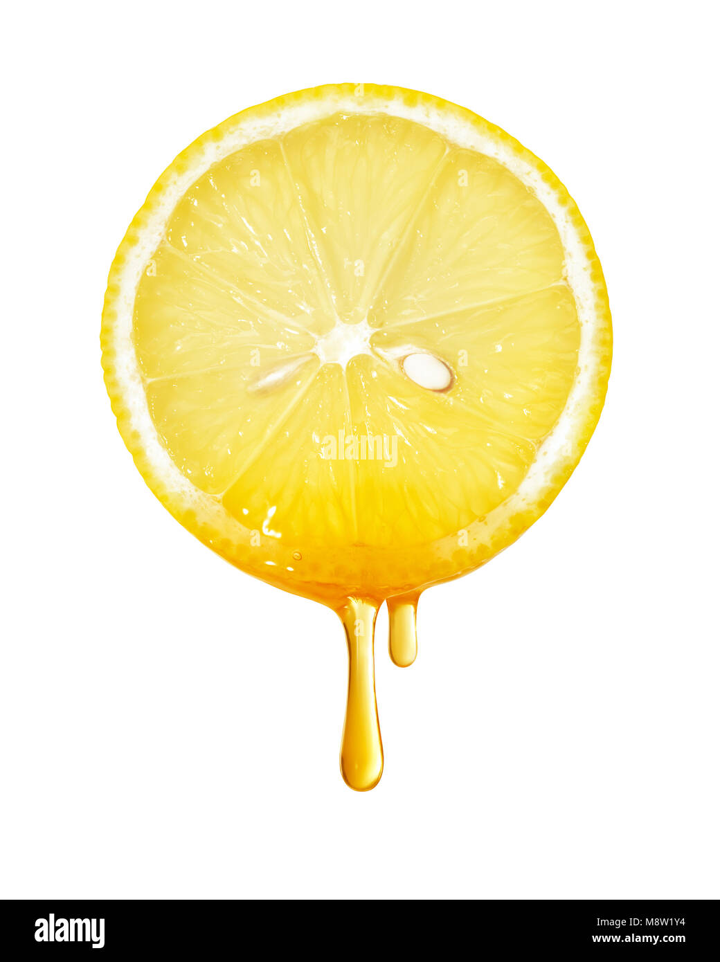 Il miele che gocciola dalla fetta di limone isolati su sfondo bianco Foto Stock