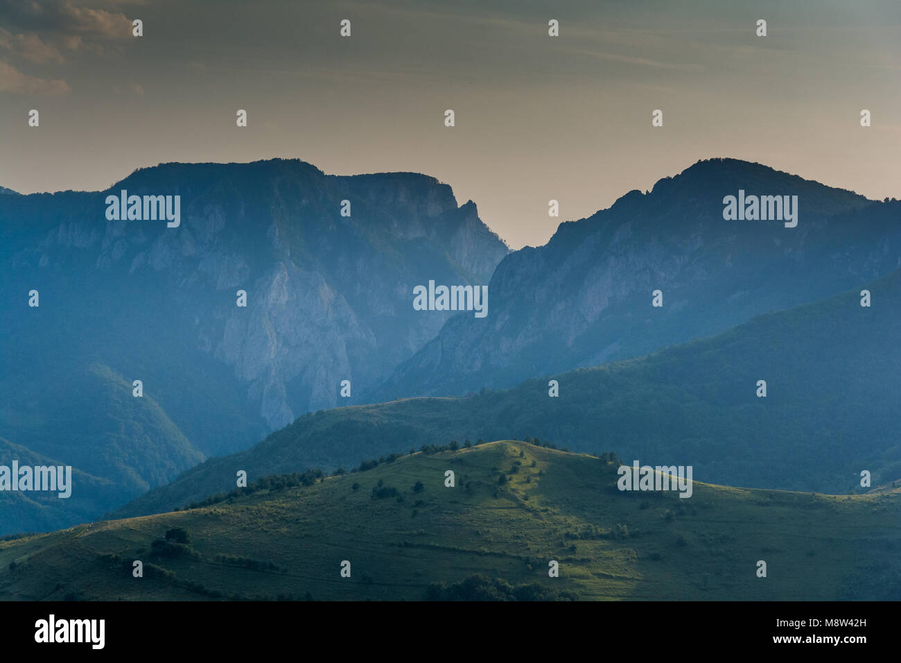 Vista sulle Montagne Apuseni. Morbida luce del pomeriggio. Gole Rimet, Transilvania, Romania Foto Stock