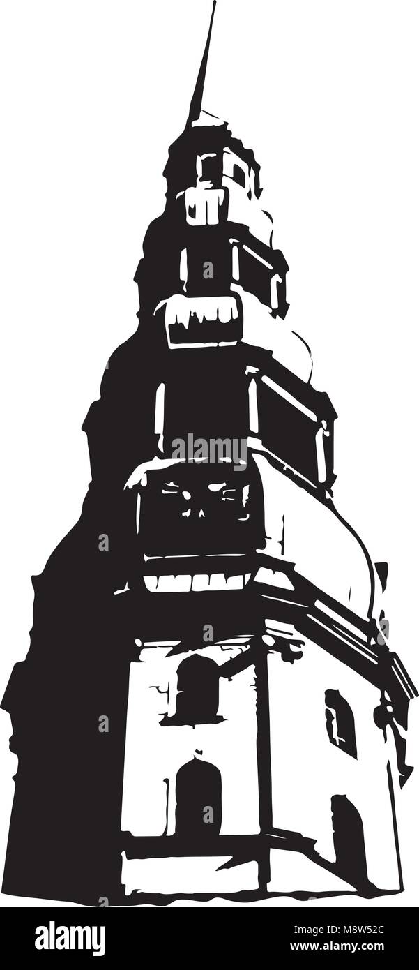 Immagine vettoriale del campanile di una Chiesa - torre campanaria. In bianco e nero. Illustrazione Vettoriale