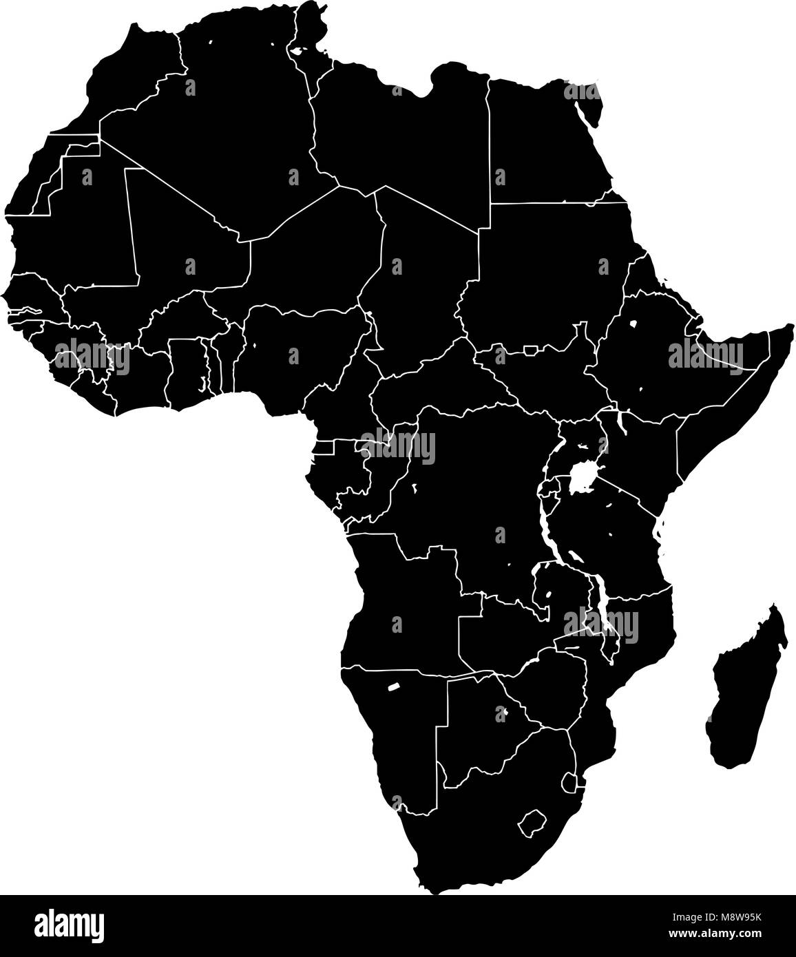 Africa silhouette mappa vettoriale. Versione in bianco e nero utilizzabile per travel marketing immobiliare e l'istruzione. Illustrazione Vettoriale