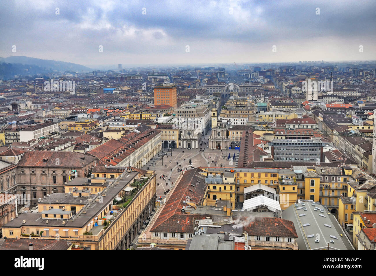 Antenna fuco vista della città il centro di Piazza San Carlo e nei dintorni di Torino Italia circa nel marzo 2016 Foto Stock