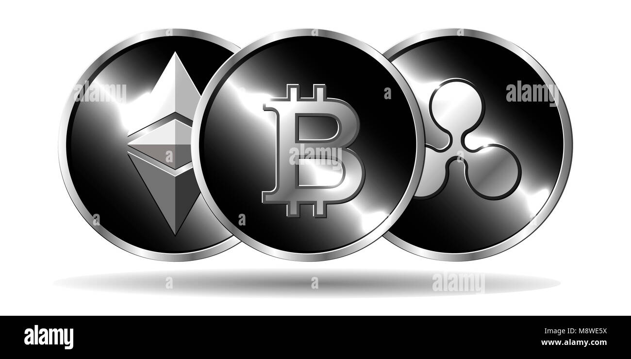Ethereum, Bitcoin e ripple monete fisiche. Effetto 3D. Creative illustrazione vettoriale. Cryptocurrency immagine moderna. Foto Stock