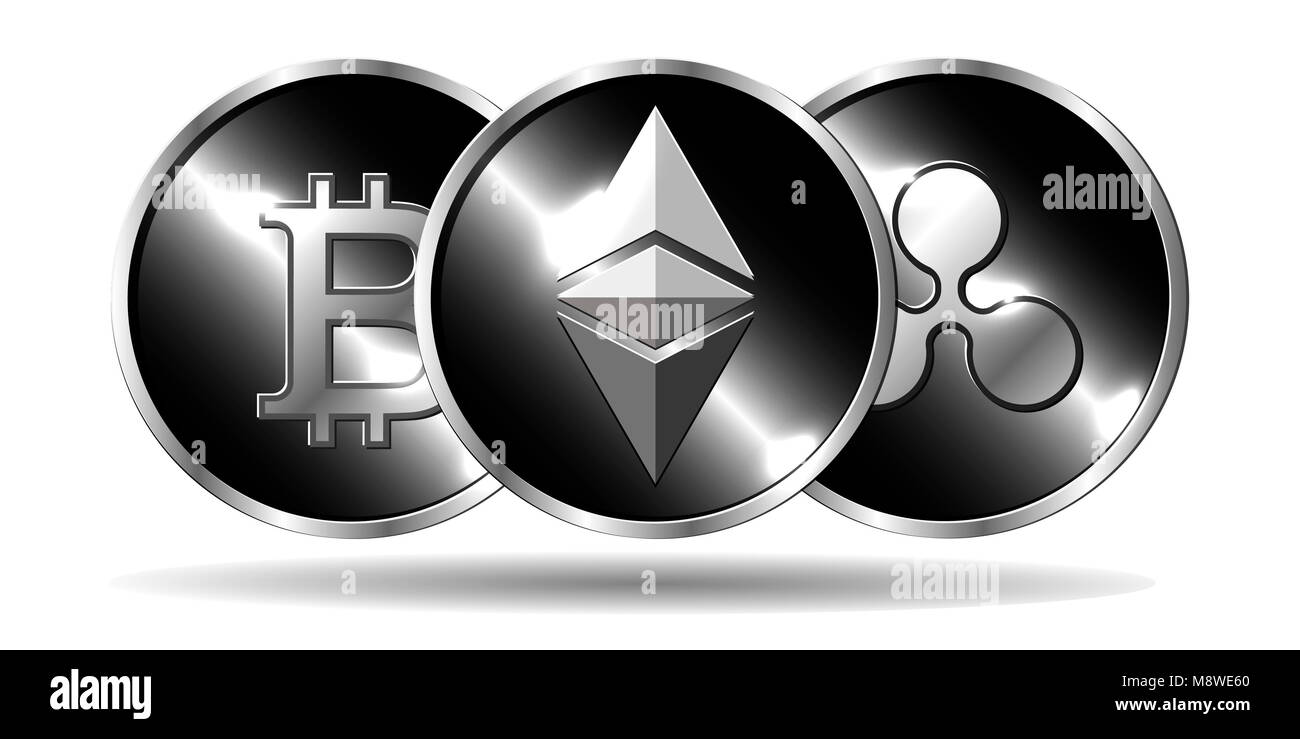 Tre crypto fisico monete con moneta ethereum avanti agli altri. Moderno vettore banner. Illustrazione Cryptocurrency. Bitcoin, Ethereum, Ripple. Foto Stock