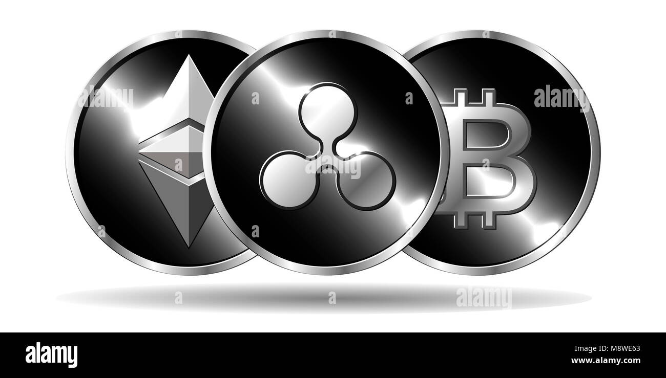 Tre crypto monete con le principali monete di ripple. Alla moda di immagine vettoriale con effetto 3D. Creative cryptocurrency illustrazione. Ethereum, Bitcoin, Ripple. Foto Stock