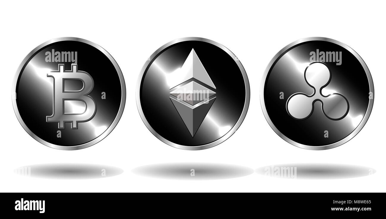 Tre fisici monete crypto bitcoin, ethereum, ripple. Facile da modificare moderno vettore. Cryptocurrency isolato su bianco. Foto Stock