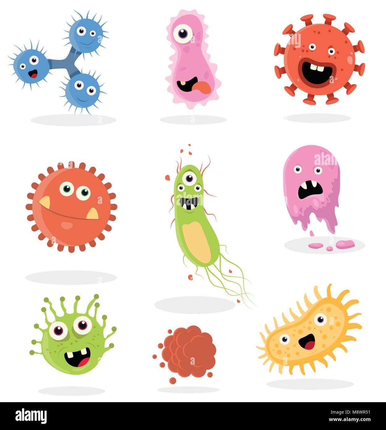 Carino, batteri, virus, cartoon di germe di set di caratteri Illustrazione Vettoriale