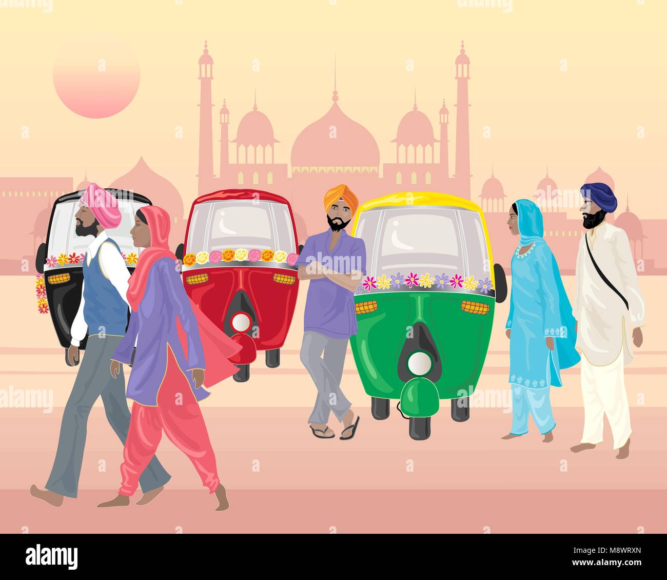 Una illustrazione vettoriale in formato eps formato 10 di un Punjabi street scene con tuk tuks per il noleggio e la religione Sikh di uomini e donne di fronte all'architettura indiana Illustrazione Vettoriale