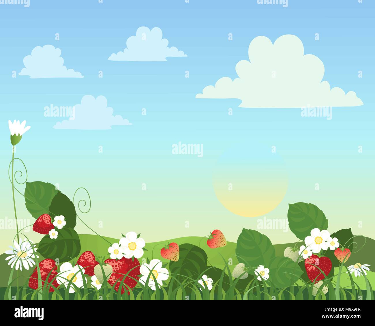 Una illustrazione vettoriale in formato eps formato 10 di una patch alla fragola con frutta e fiori di margherite con un paesaggio estivo in background Illustrazione Vettoriale