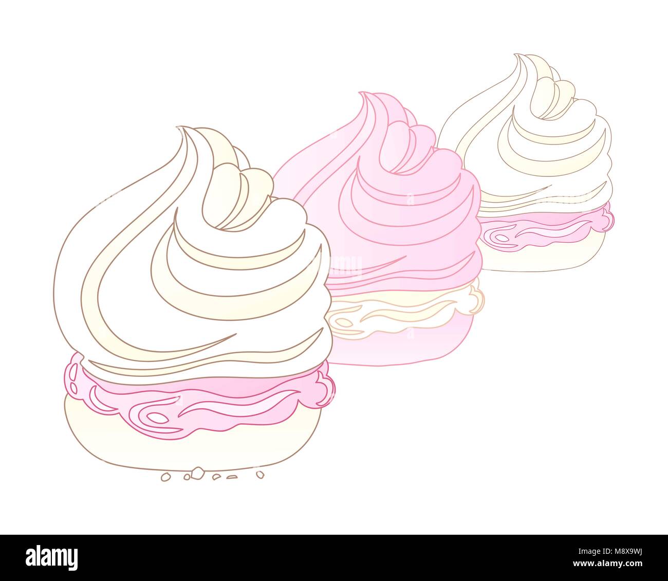 Una illustrazione vettoriale in formato eps formato 10 di tre dolci meringa swirly dolci con ripieno di panna su sfondo bianco Illustrazione Vettoriale