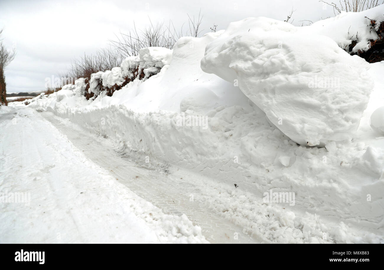 La neve incavata si trova lungo la strada che conduce a Dunkery Beacon nel parco nazionale di Exmoor, mentre le condizioni di ghiaccio portate dalla 'Bestia dei Vini da Est' sono destinate ad aggrapparsi per un altro giorno prima che la Gran Bretagna vedrà il ritorno della primavera. Foto Stock