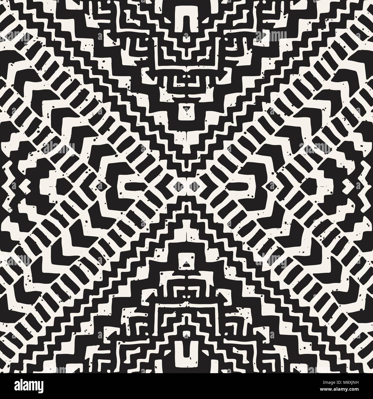 Seamless etniche e tribali pattern. Disegnato a mano strisce ornamentali. Stampa in bianco e nero per il tessile. Sfondo del vettore. Illustrazione Vettoriale