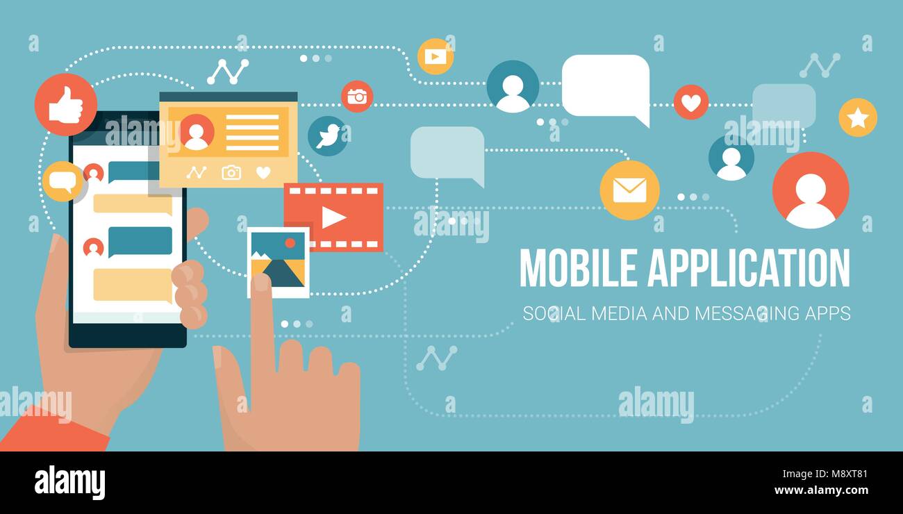 Social media e chat app su uno smartphone, l'utente è la condivisione di contenuti visivi online Illustrazione Vettoriale