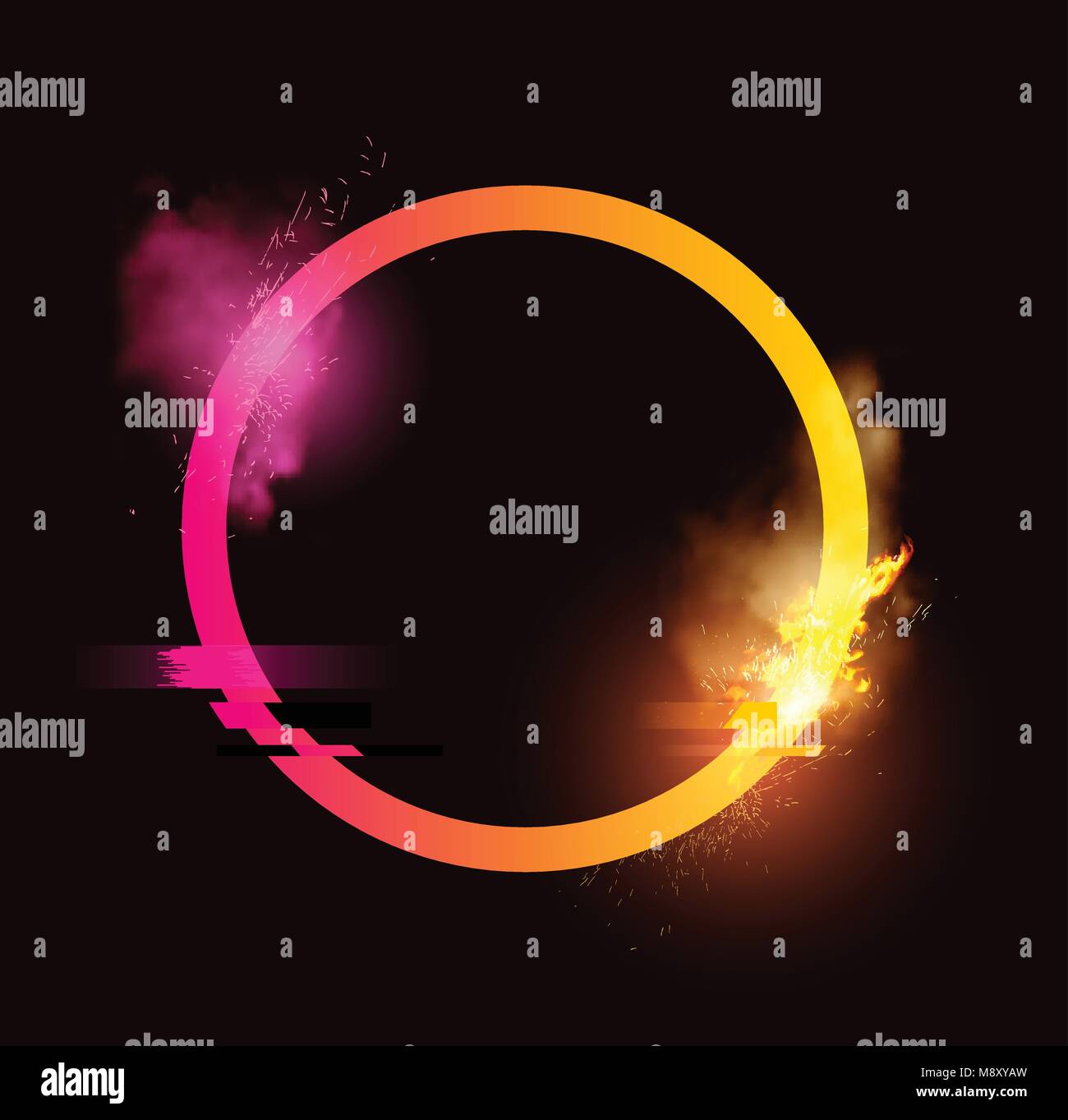 Un anello illuminato con scintille, fumo e un effetto di glitch. La minima illustrazione vettoriale design. Illustrazione Vettoriale