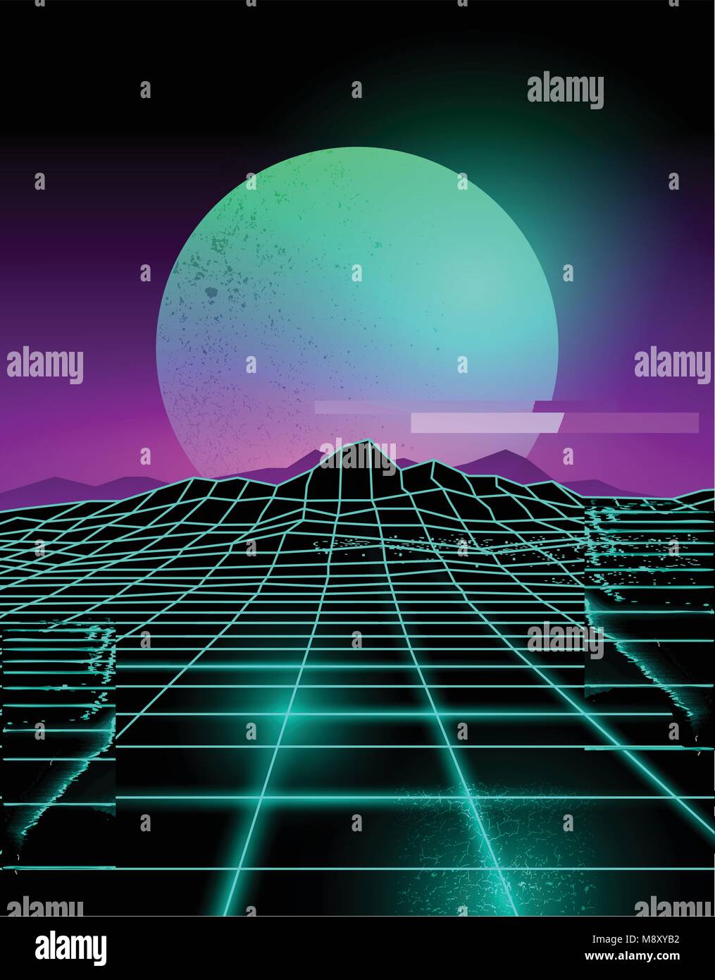 Neon futuristico le linee della griglia e il paesaggio di montagna con un neon di Sun in viola e verde. Sfondo di Glitch illustrazione vettoriale. Illustrazione Vettoriale
