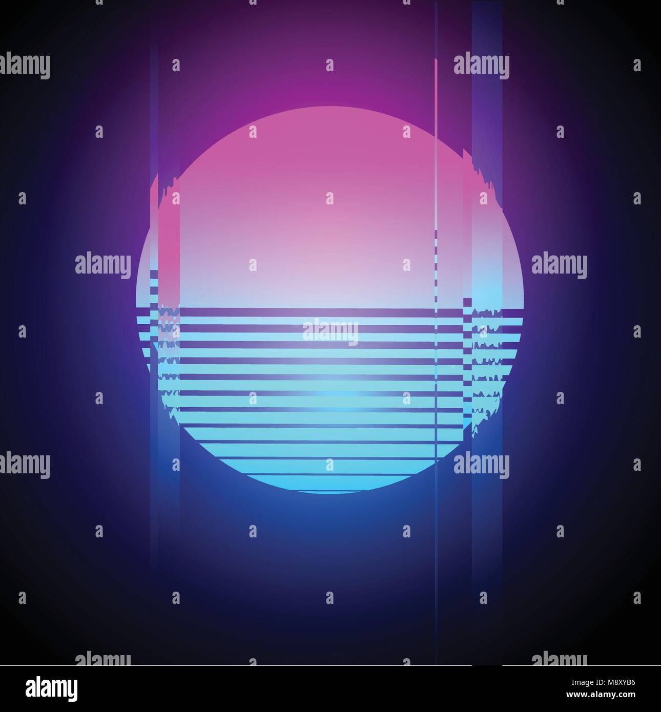 Retrò anni ottanta neon incandescente sun glitch effetto. Illustrazione Vettoriale Illustrazione Vettoriale
