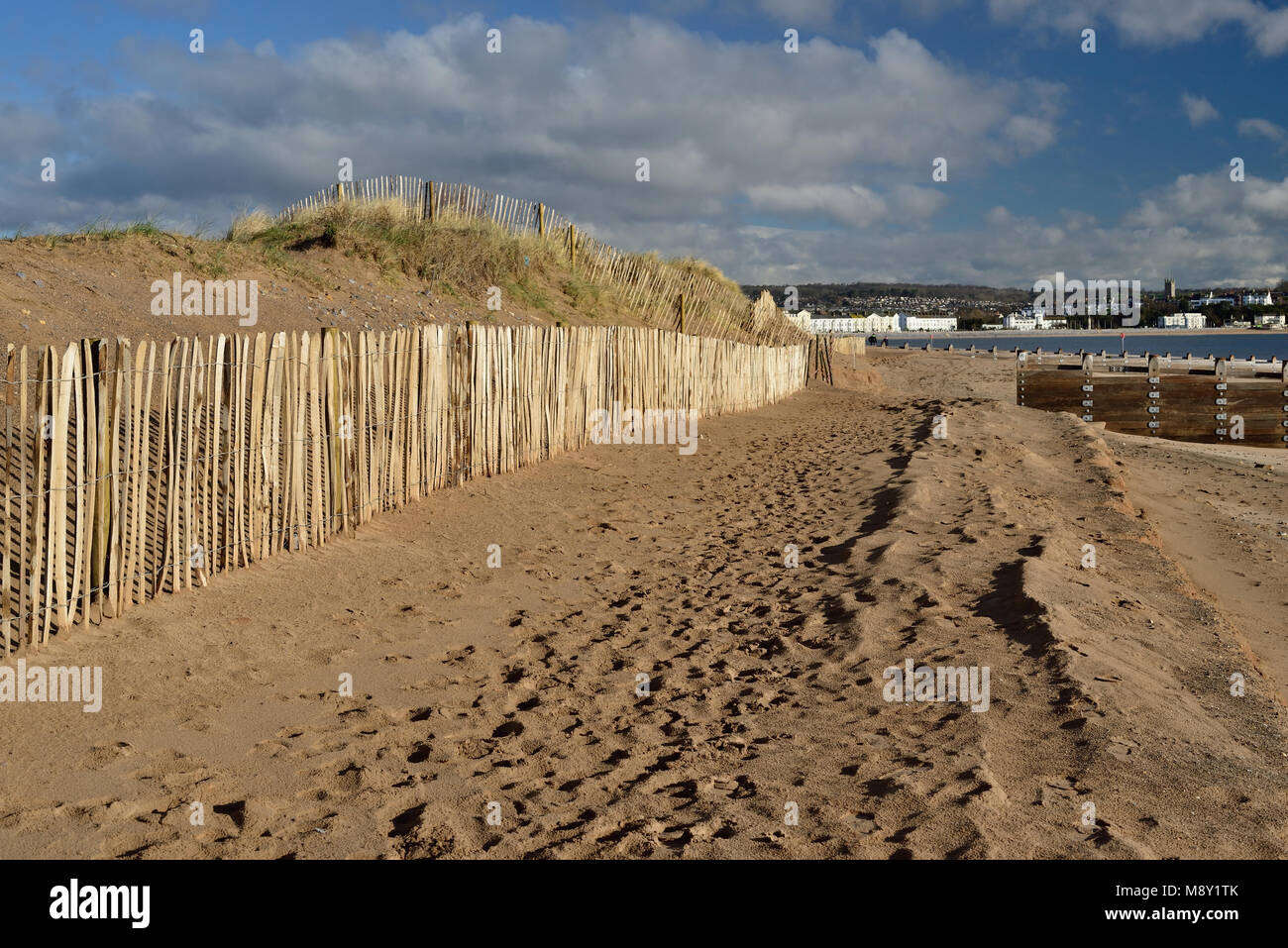 La scherma sulle dune di sabbia a Dawlish Warren riserva naturale (guardando verso Exmouth). Foto Stock