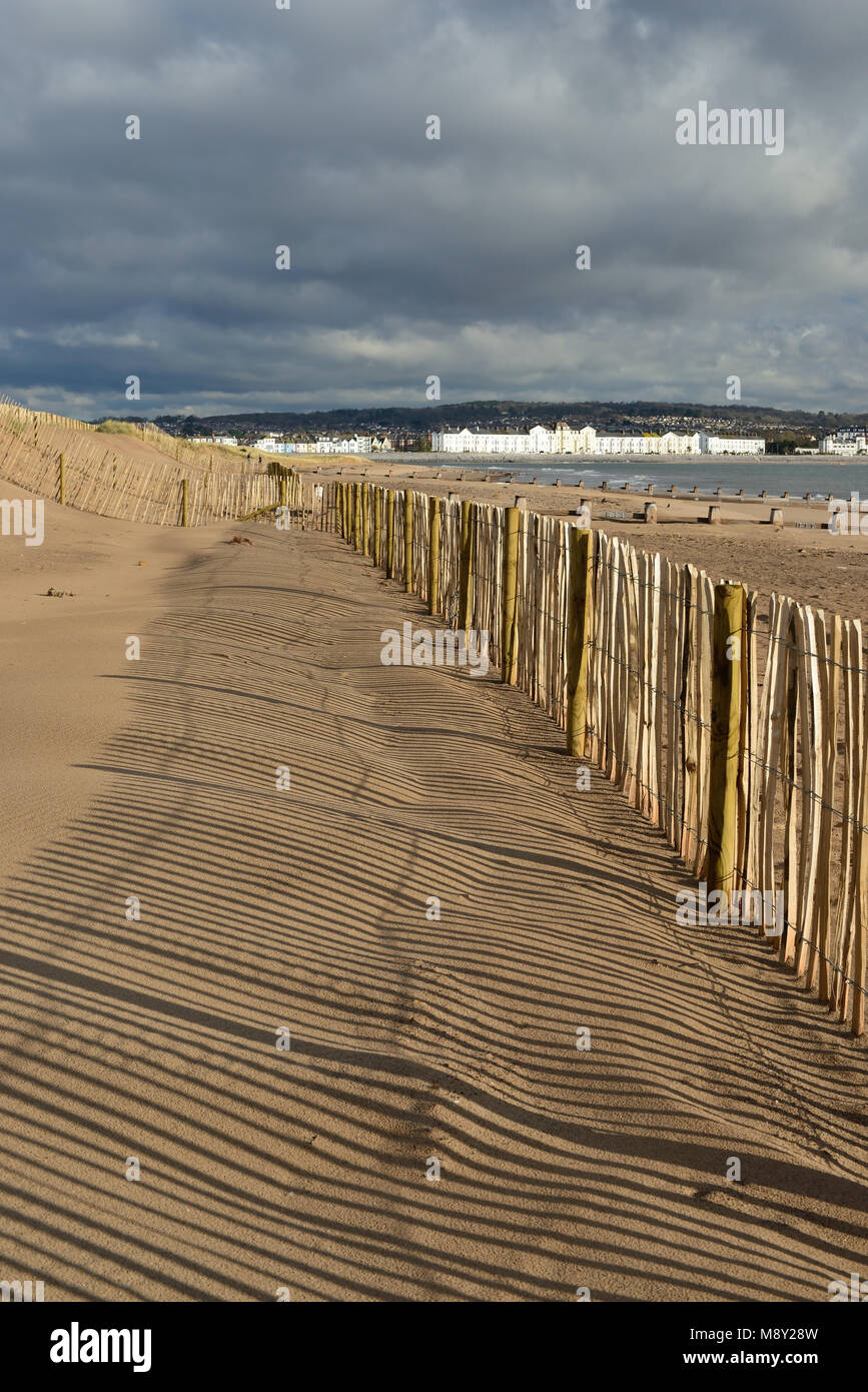La scherma sulle dune di sabbia a Dawlish Warren riserva naturale (guardando verso Exmouth). Foto Stock