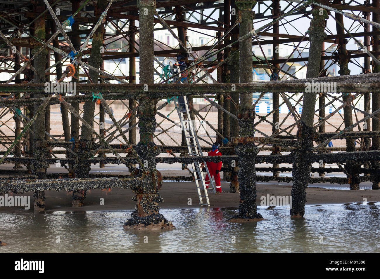 Inquinamento Ambientale di hastings pier, un uomo è visto salendo i pilastri del molo al fine di pulire tutte le tracce di corda e materie plastiche, Regno Unito Foto Stock