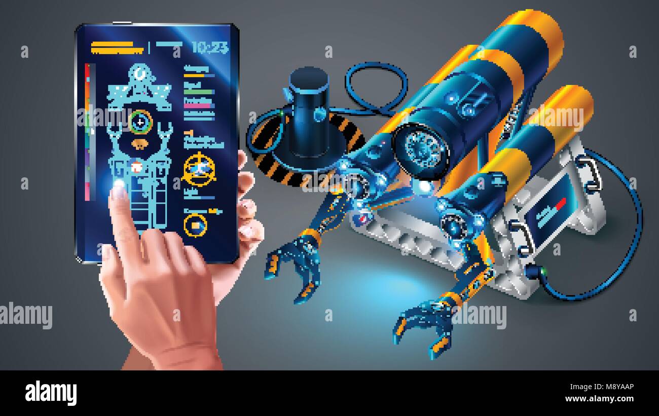 Subacquea autonomo rov sul ponte di una nave. Mare sottomarino drone controllato a distanza mediante applicazione sul tablet. Rov su supporto per la ricarica. Robot con Illustrazione Vettoriale