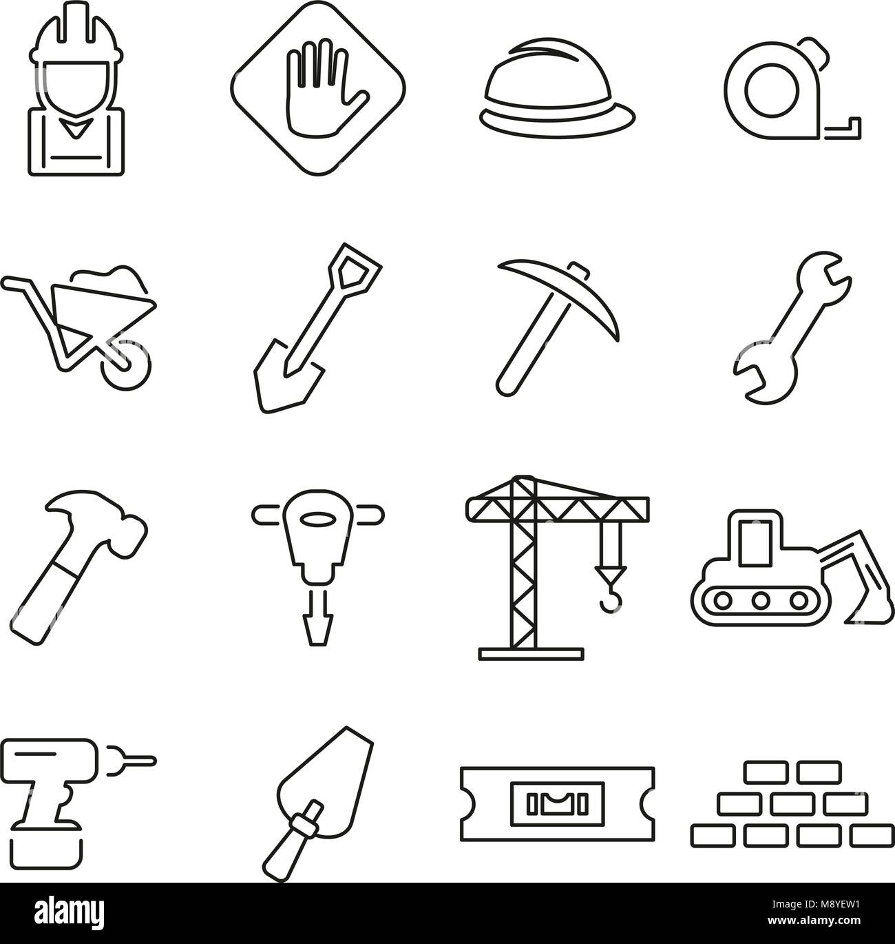 Costruttori Sito o il sito in costruzione icone linea sottile illustrazione vettoriale impostato Illustrazione Vettoriale