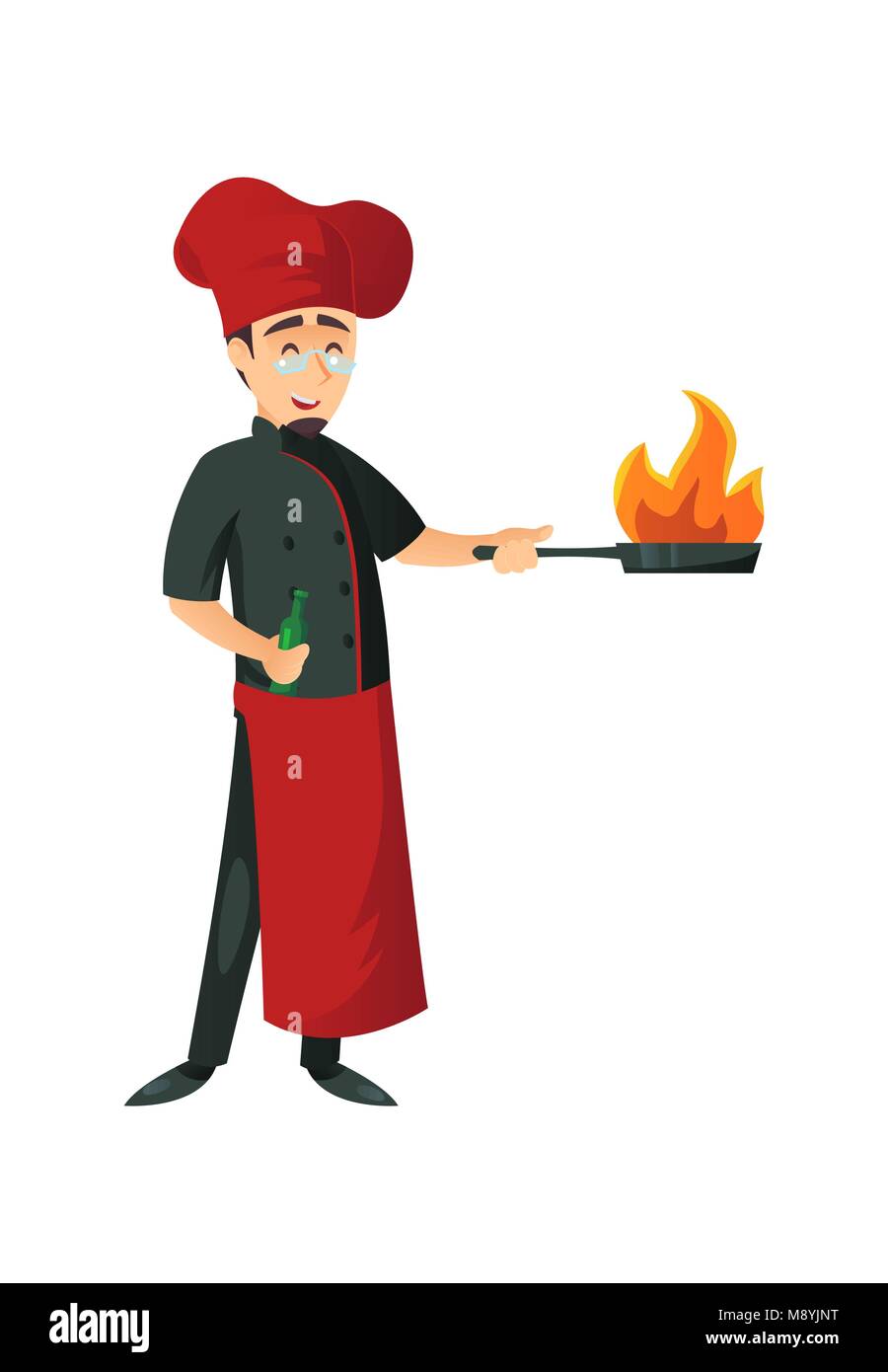 Cuocere l'uomo in uniforme in piedi con la padella e facendo flambe su sfondo bianco. Illustrazione Vettoriale