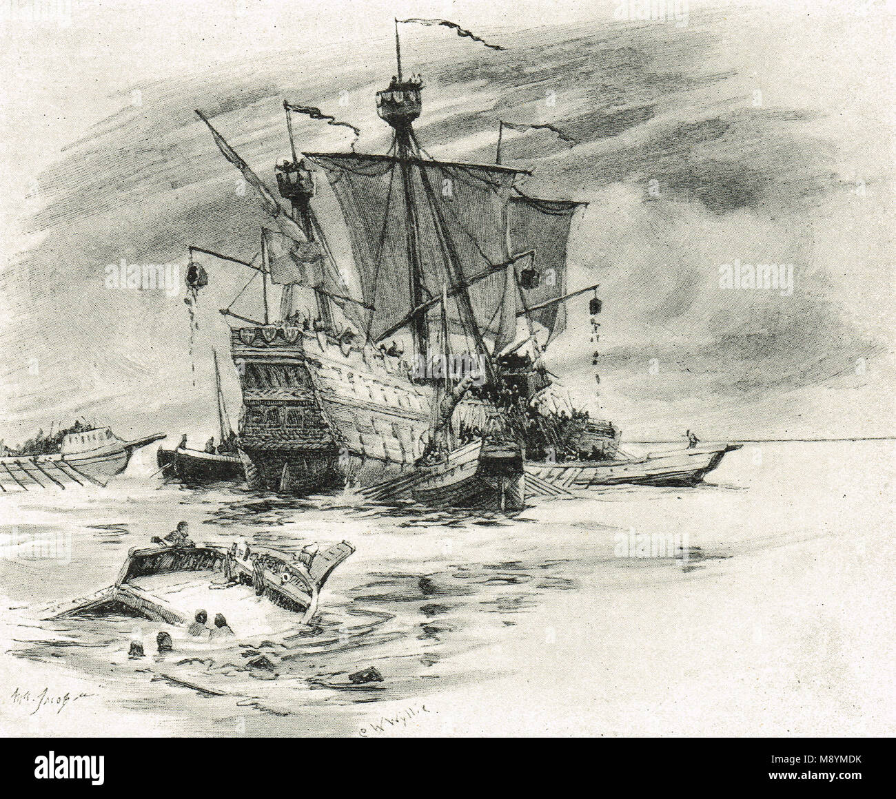 La cattura della lingua inglese cog Christopher dalla flotta francese, Battaglia di Arnemuiden, 23 settembre 1338 all'inizio dei cento anni di guerra Foto Stock