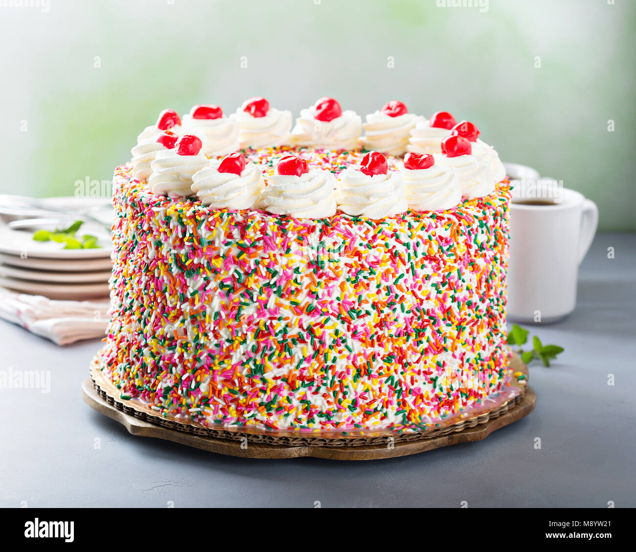 Torta di compleanno coperti in spruzza Foto Stock