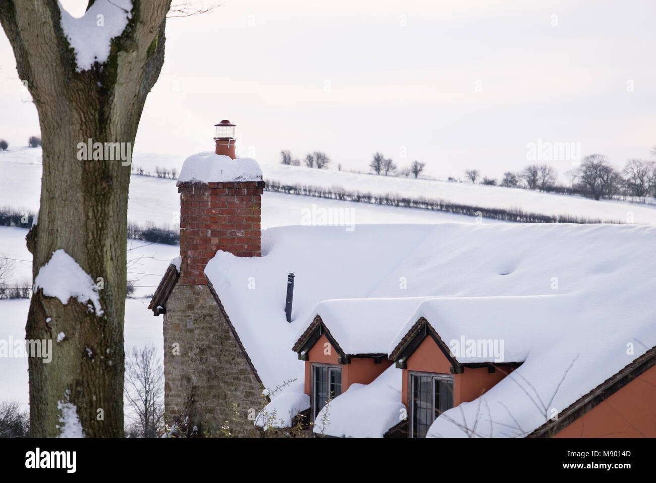 La neve sul tetto della casa in inverno Foto Stock