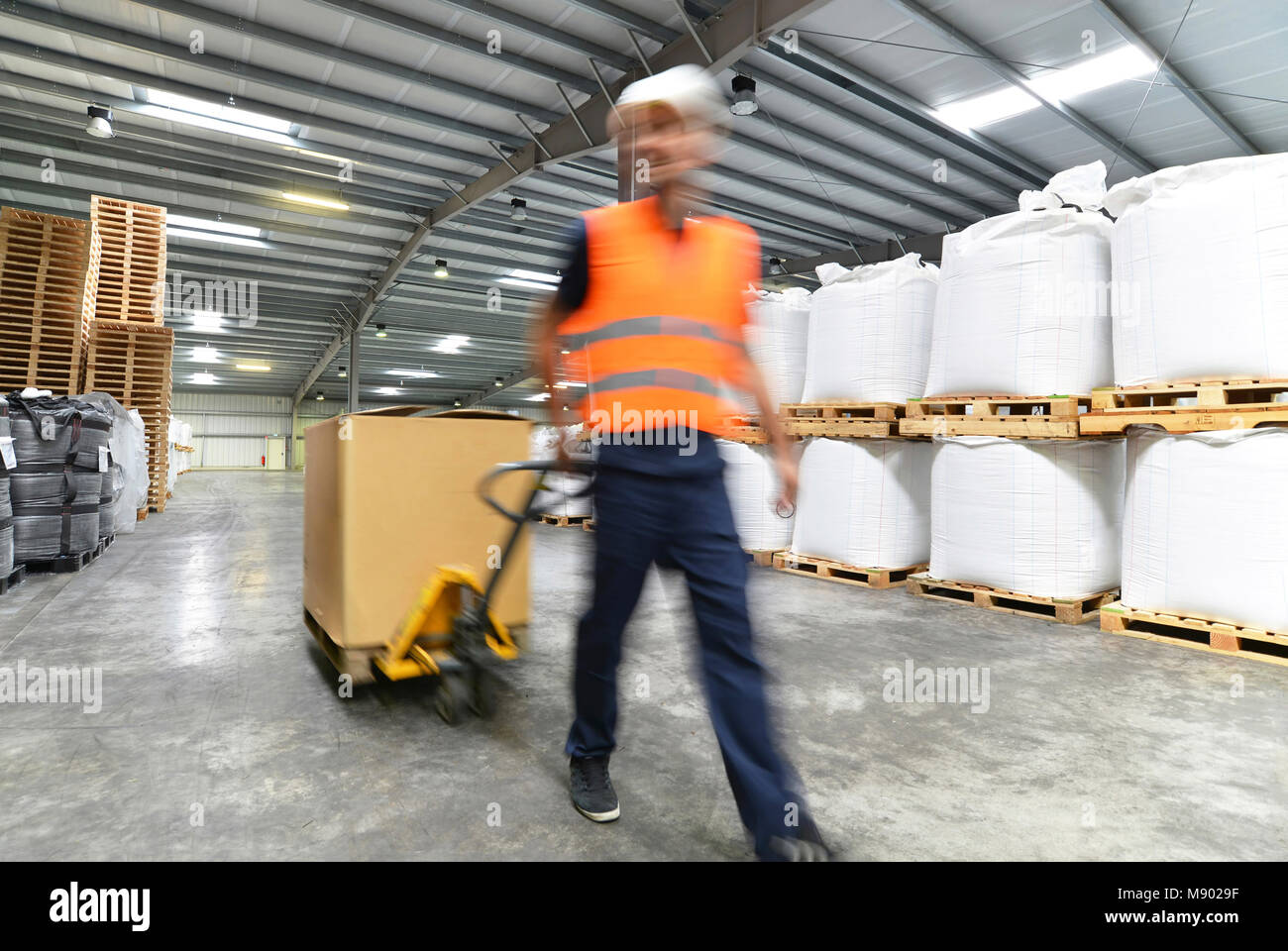 Trasporti e logistica in un magazzino di un agente di inoltro - lavoratore con un carrello elevatore Foto Stock