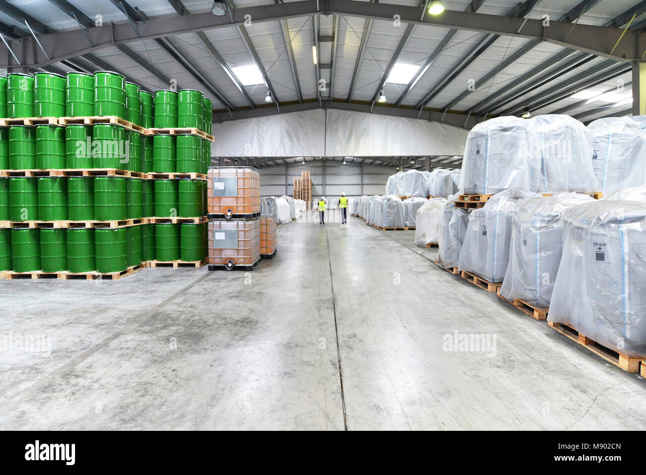 Gruppo di lavoratori nell'industria logistica lavorare in un magazzino con sostanze chimiche Foto Stock