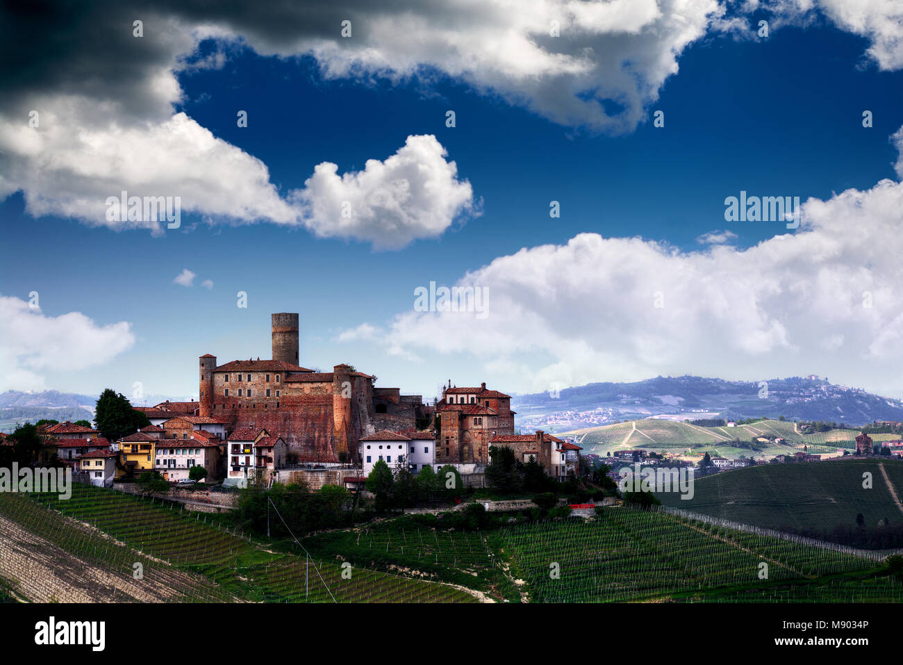 Vista di Castiglione Falletto, con il suo castello, nel vino la zona di produzione del vino Barolo, nelle Langhe. UNESCO - Sito Patrimonio dell'umanità. Foto Stock
