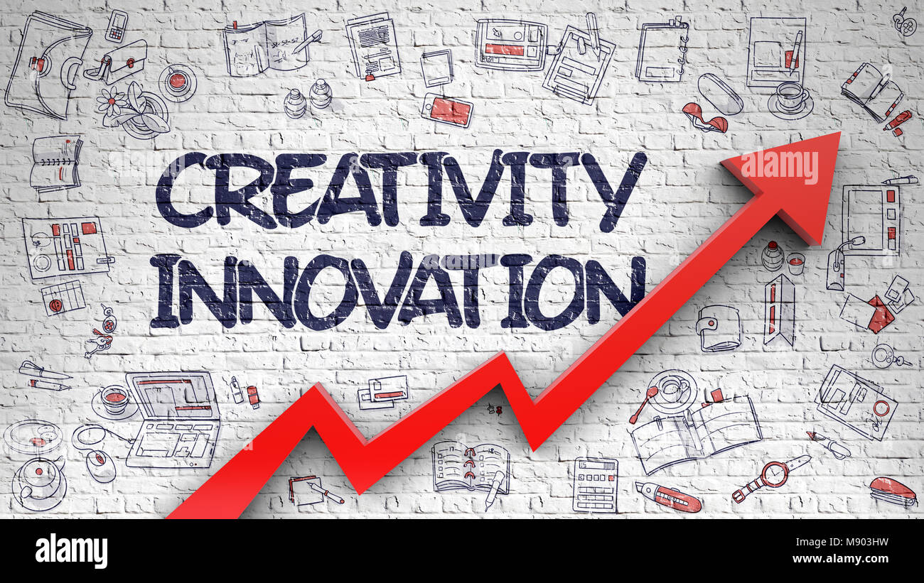 La Creatività innovazione disegnati su Brickwall bianco. 3d Foto Stock