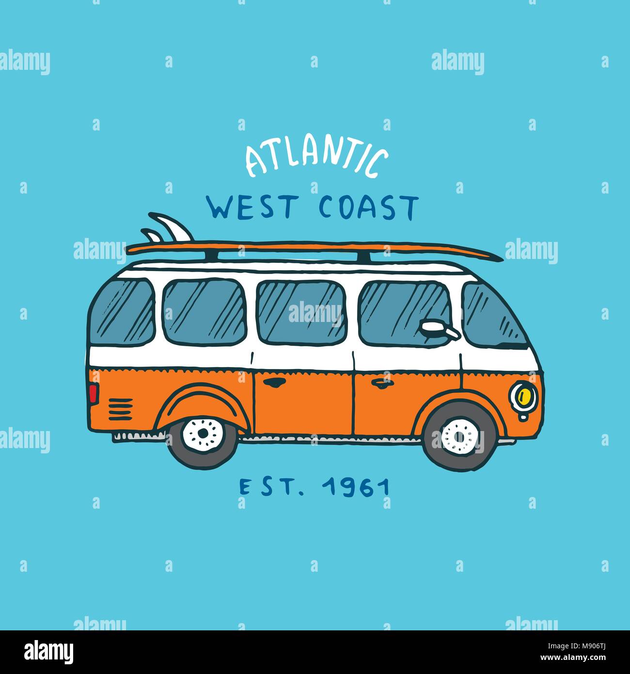 Surf badge e wave, palme e oceano. vintage retrò background. auto e california, tavola da surf, estate sulla spiaggia e il mare. incisi emblema disegnato a mano. Banner o poster. sport nelle Hawaii. Illustrazione Vettoriale