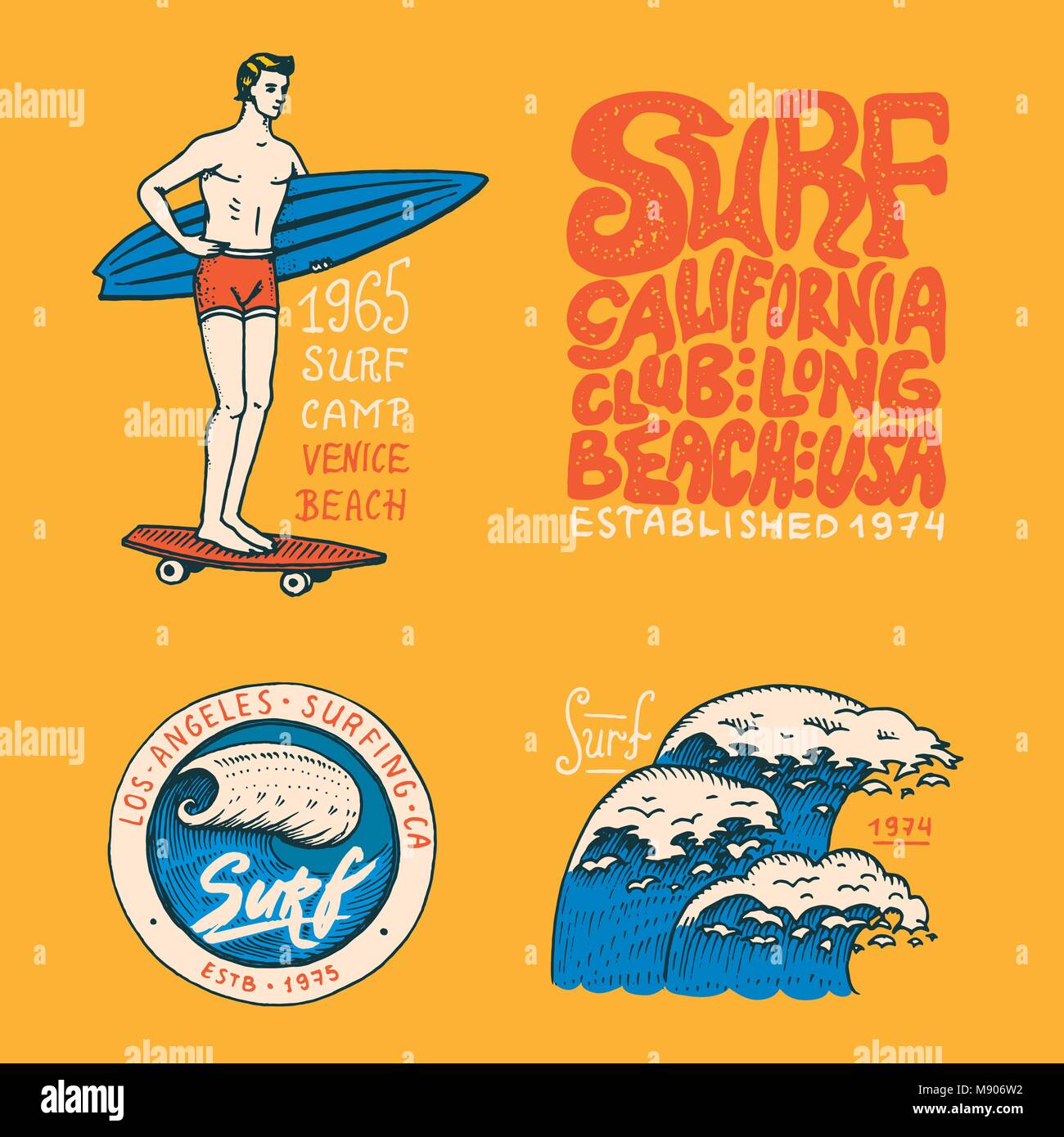 Badge di Surf, onda e oceano. vintage retrò background. tropici e california. l uomo sulla tavola da surf, estate sulla spiaggia e il mare. incisi emblema disegnato a mano. Banner o poster. sport nelle Hawaii. Illustrazione Vettoriale