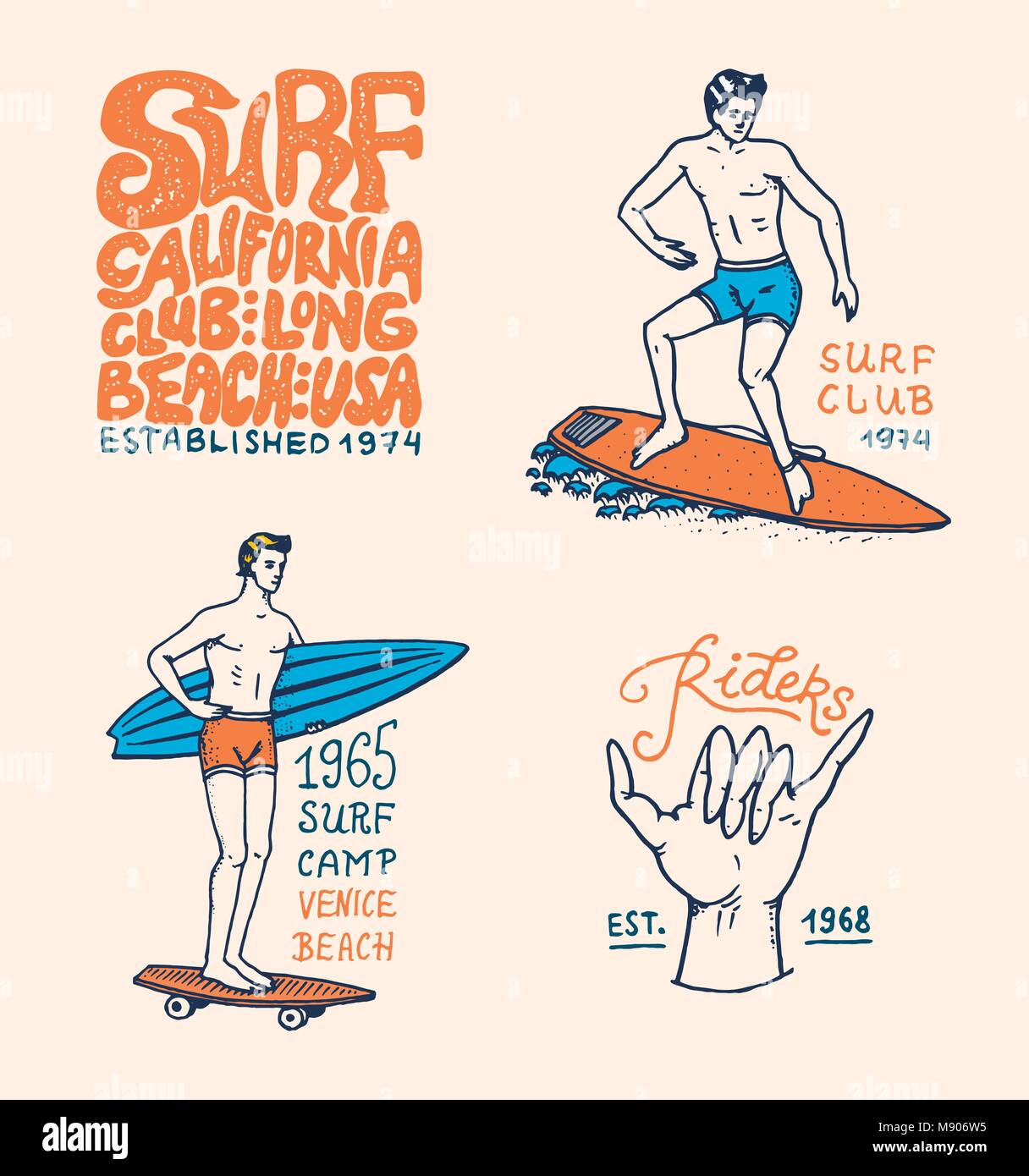 Badge di Surf, onda e oceano. vintage retrò background. tropici e california. l uomo sulla tavola da surf, estate sulla spiaggia e il mare. incisi emblema disegnato a mano. Banner o poster. sport nelle Hawaii. Illustrazione Vettoriale