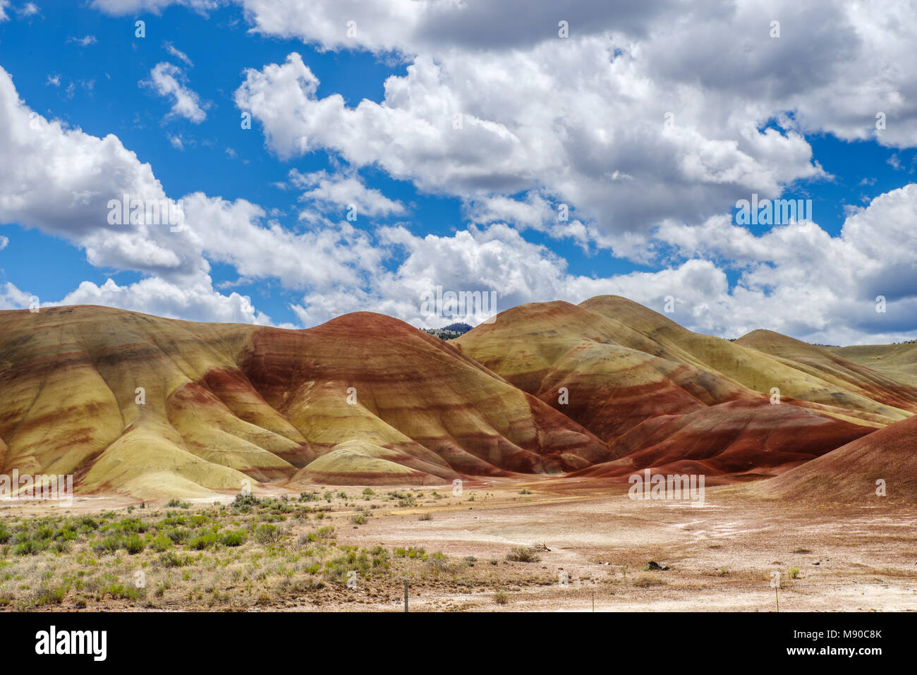 Il dipinto di colline di Oregon mostrano colori creati da diversi strati di terreno depositato sopra eoni. John Day Fossil Beds, Mitchell, Oregon Foto Stock